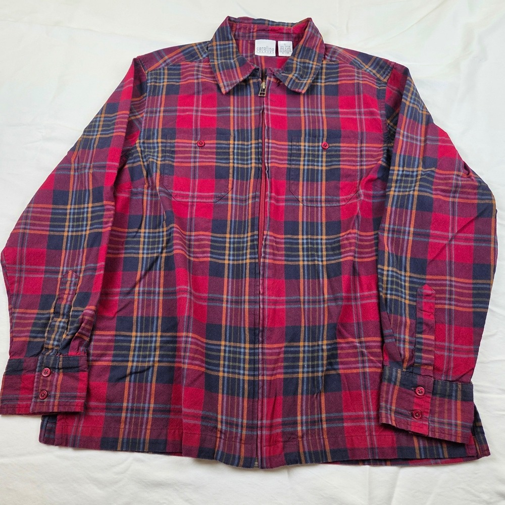 VTG Carolina Colours Zip Front Shirt Jacket Womens L Red Classic Plaid